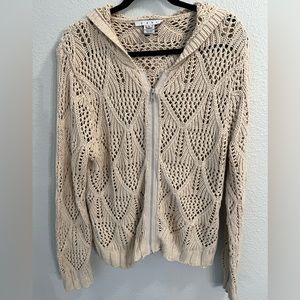 Cabi Women's Cream Open-Knit Zip Hoodie Sweater